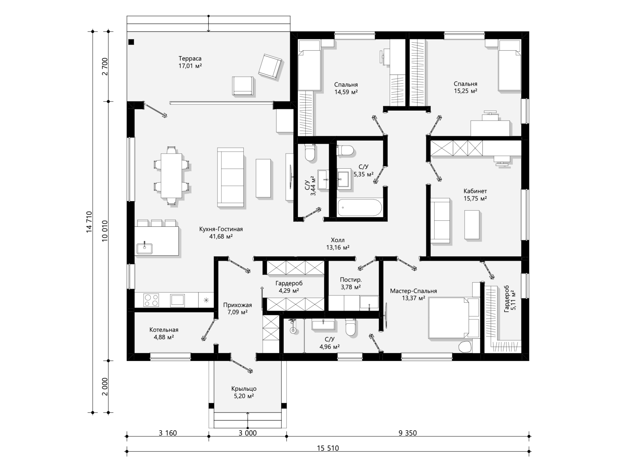 Одноэтажный каркасный дом Тутаев 162 м2 (15х15 м) Одноэтажный каркасный дом Тутаев 162 м2 (15х15 м)