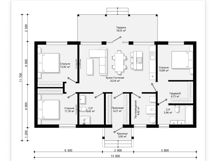Одноэтажный каркасный дом Ухта-123 м2 (8х15 м)